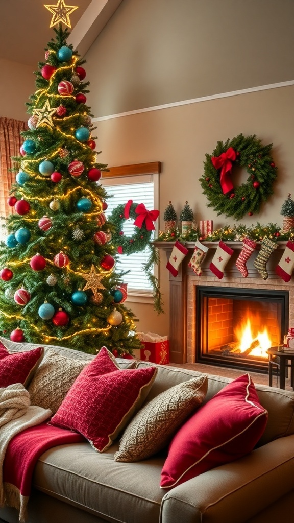 Christmas Aesthetic Decoration Ideas A cozy Christmas living room with a decorated tree, glowing fireplace, and festive decorations.
